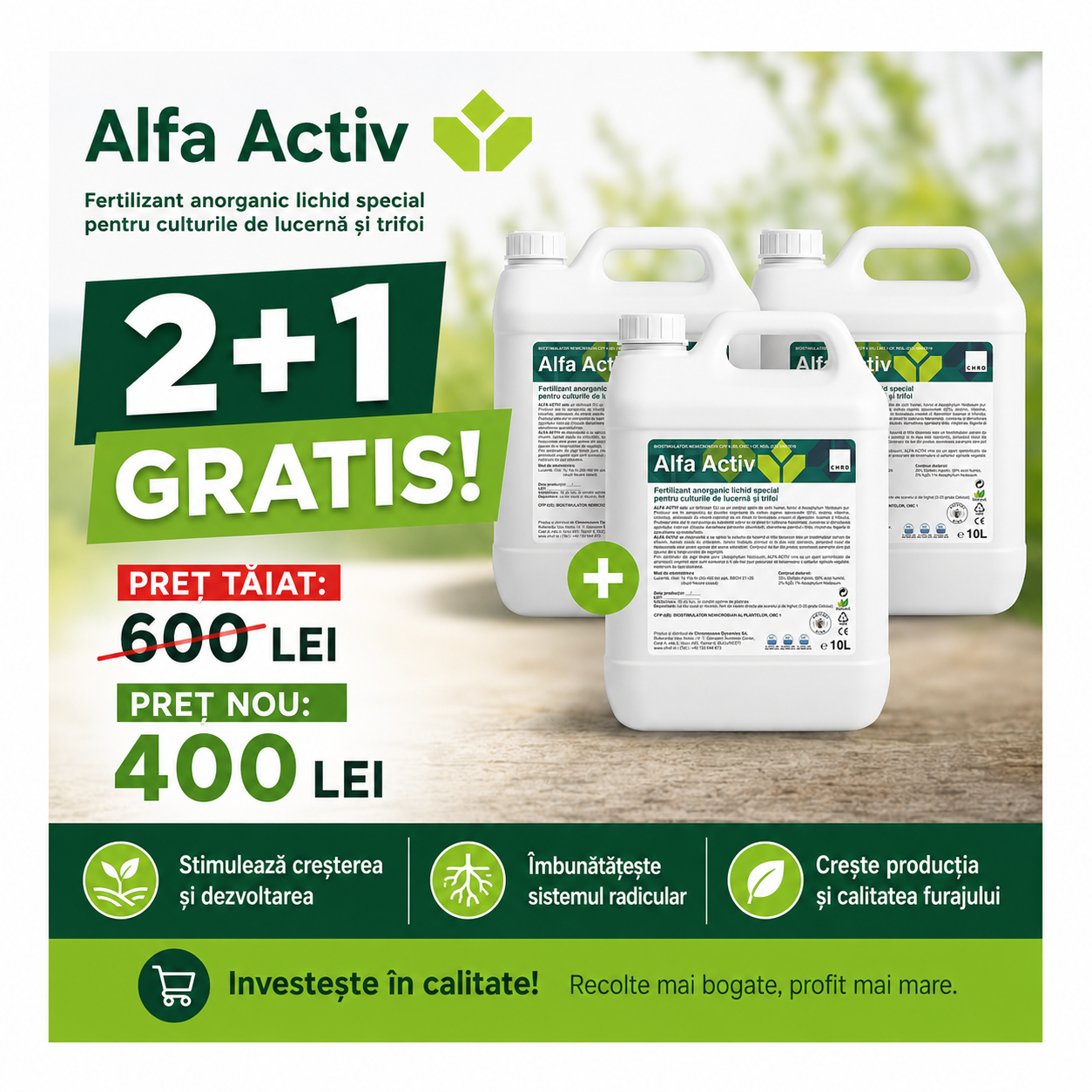 (2+1 GRATIS) ALFA ACTIV, Fertilizant anorganic lichid pentru lucernă și trifoi