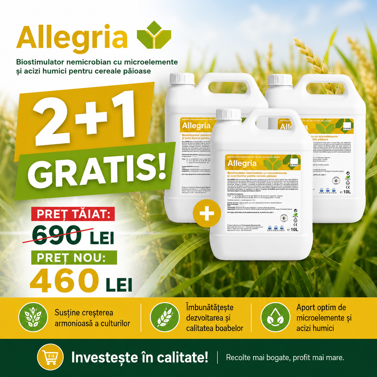 (2+1 GRATIS) ALLEGRIA, Biostimulator nemicrobian pentru culturile de păioase