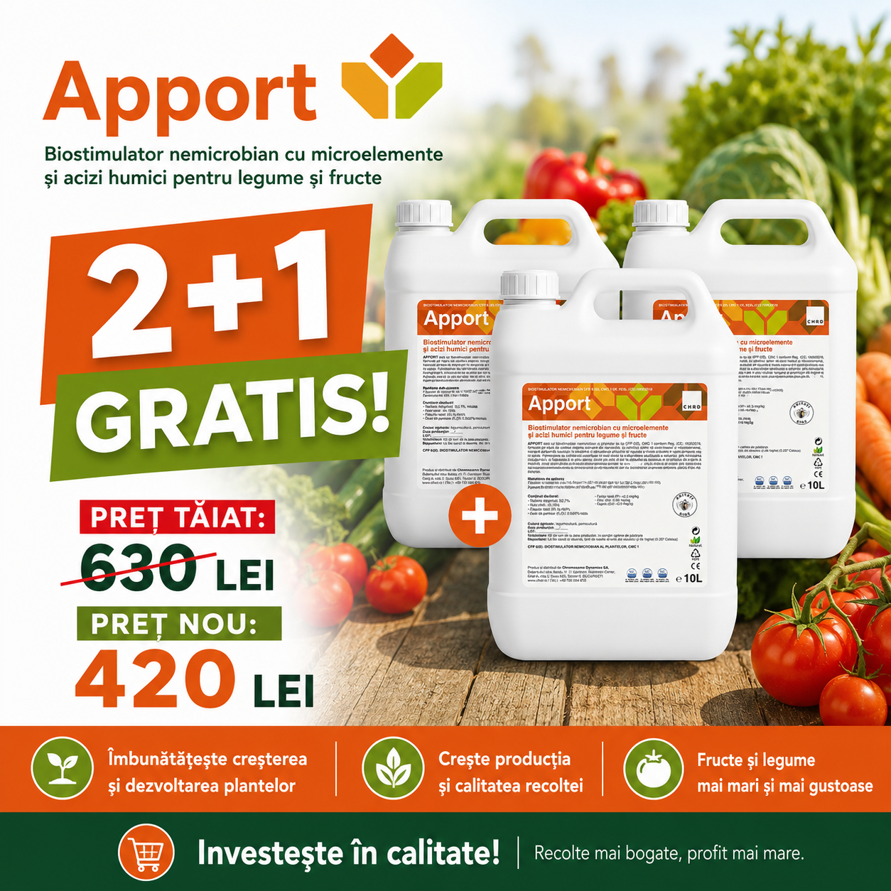 (2+1 GRATIS) APPORT, Biostimulator nemicrobian pentru legume și fructe
