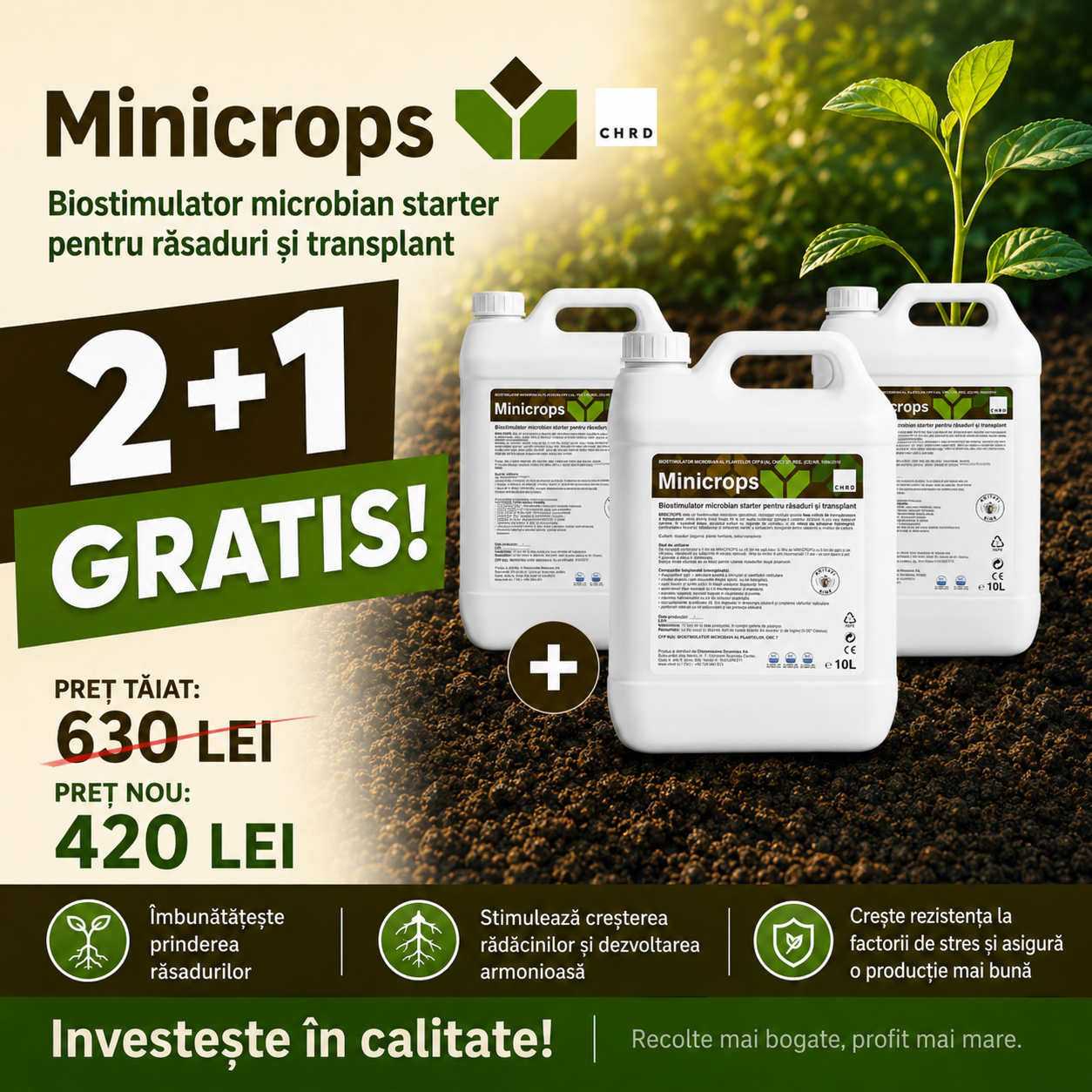 (2+1 GRATIS) MINICROPS, Agent de înrădăcinare și transplantare pentru răsaduri