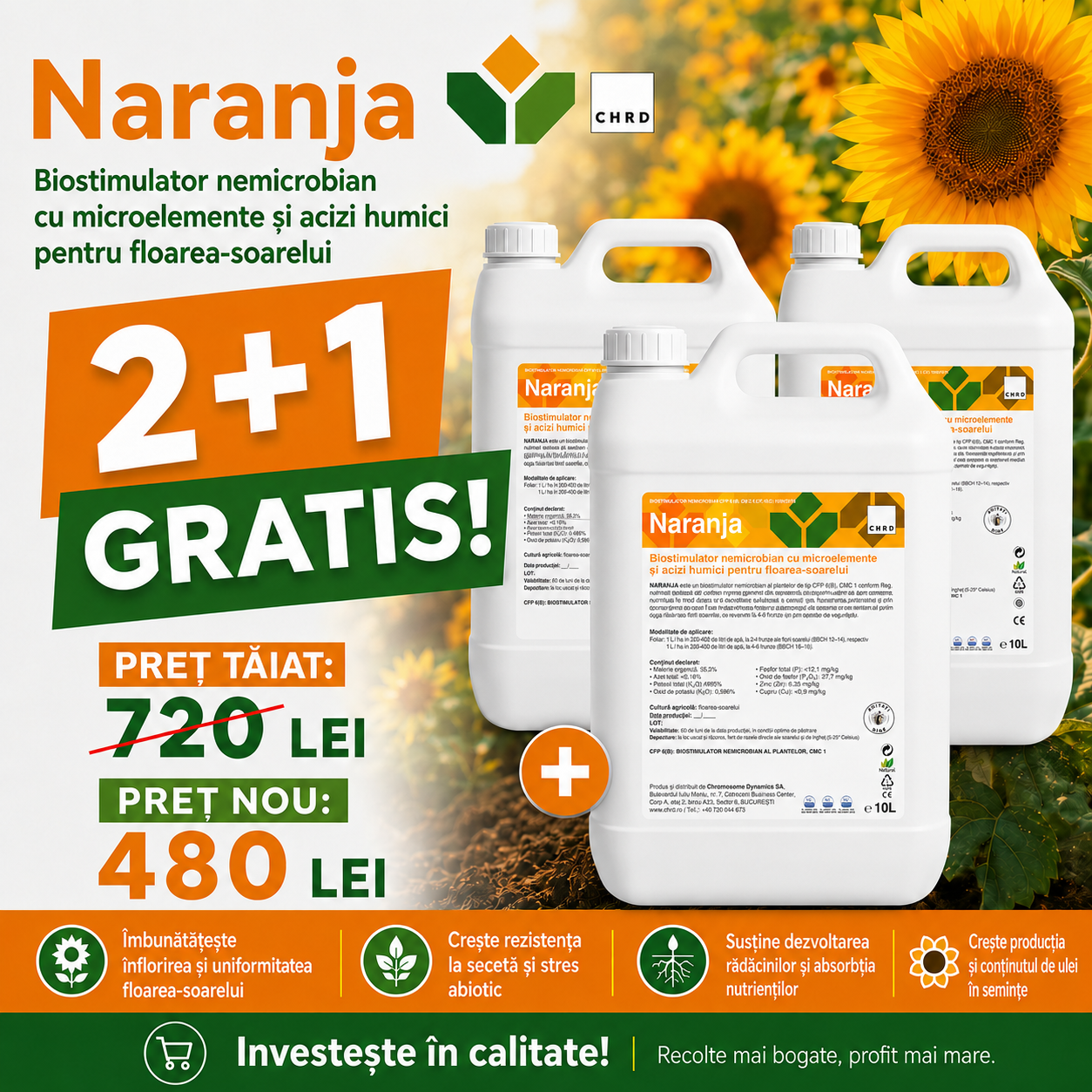 (2+1 GRATIS) NARANJA, Biostimulator nemicrobian pentru cultura de floarea-soarelui
