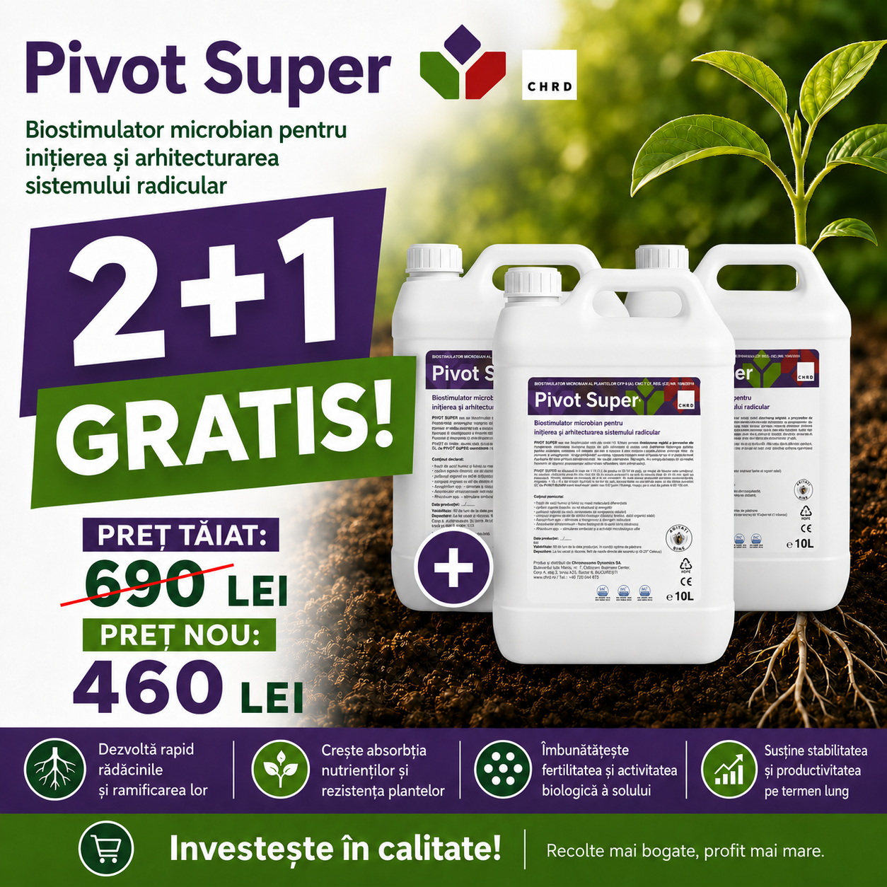 (2+1 GRATIS) PIVOT SUPER, Biostimulator microbian pentru pomi, arbuști și viță de vie