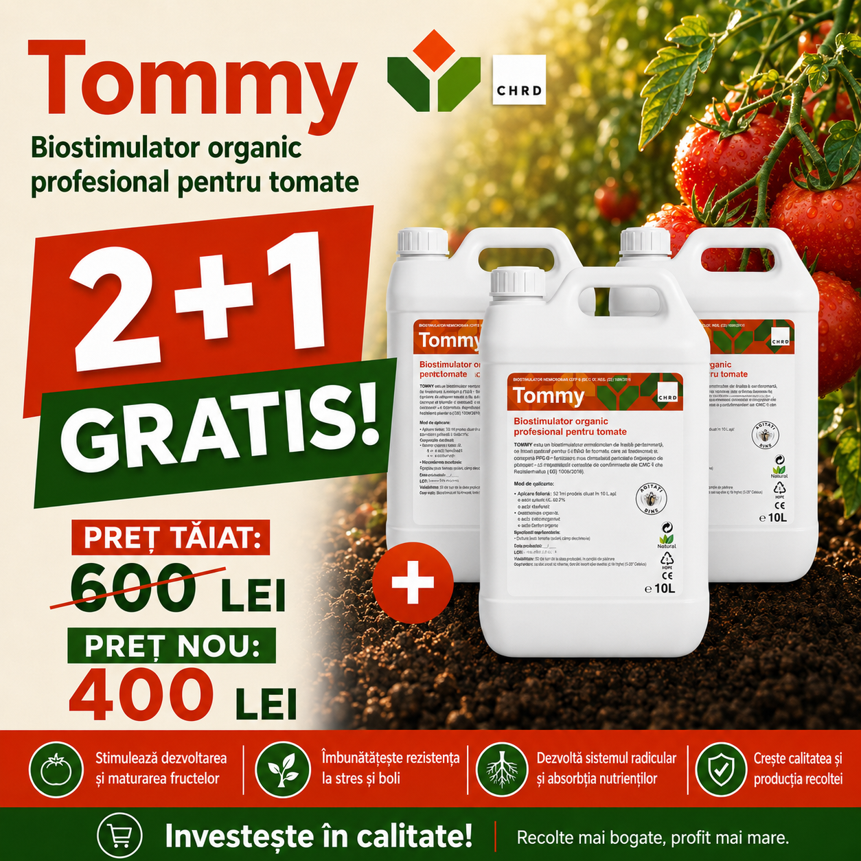 (2+1 GRATIS) TOMMY, Biostimulator organic profesional pentru tomate
