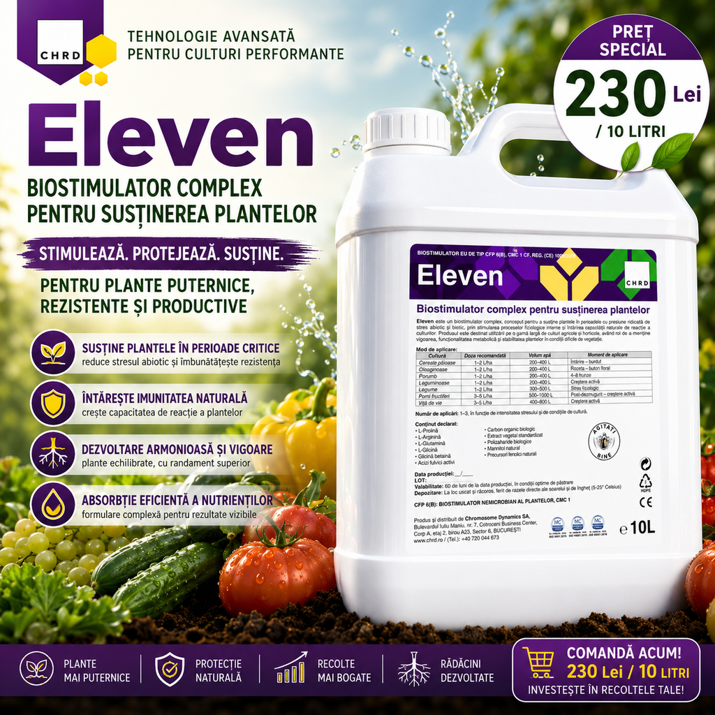 ELEVEN, Biostimulator complex pentru susținerea plantelor în perioadele de stres abiotic și biotic