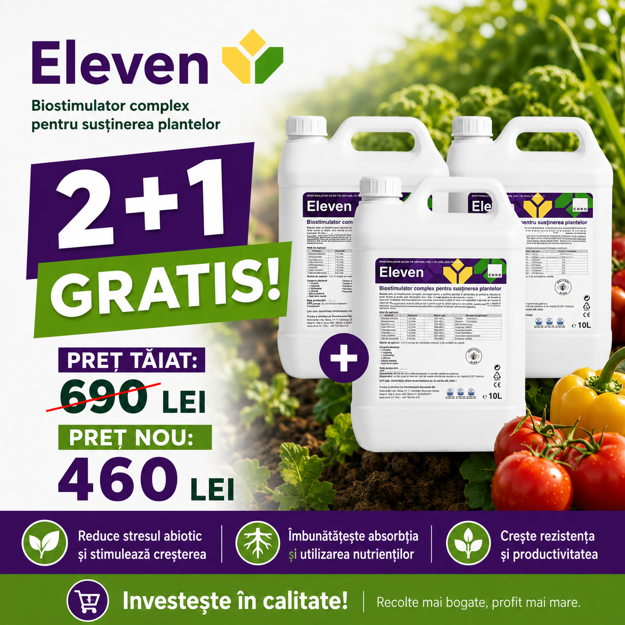 (2+1 GRATIS) ELEVEN, Biostimulator complex pentru susținerea plantelor în perioadele de stres abiotic și biotic