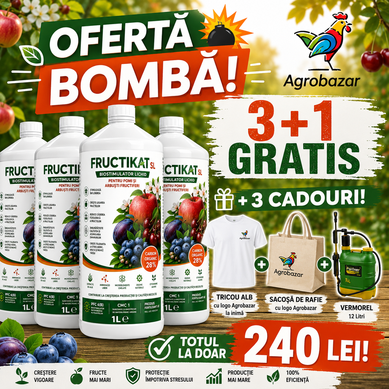 (3+1 GRATIS) FRUCTIKAT SL, Biostimulator lichid pentru pomi și arbuști fructiferi