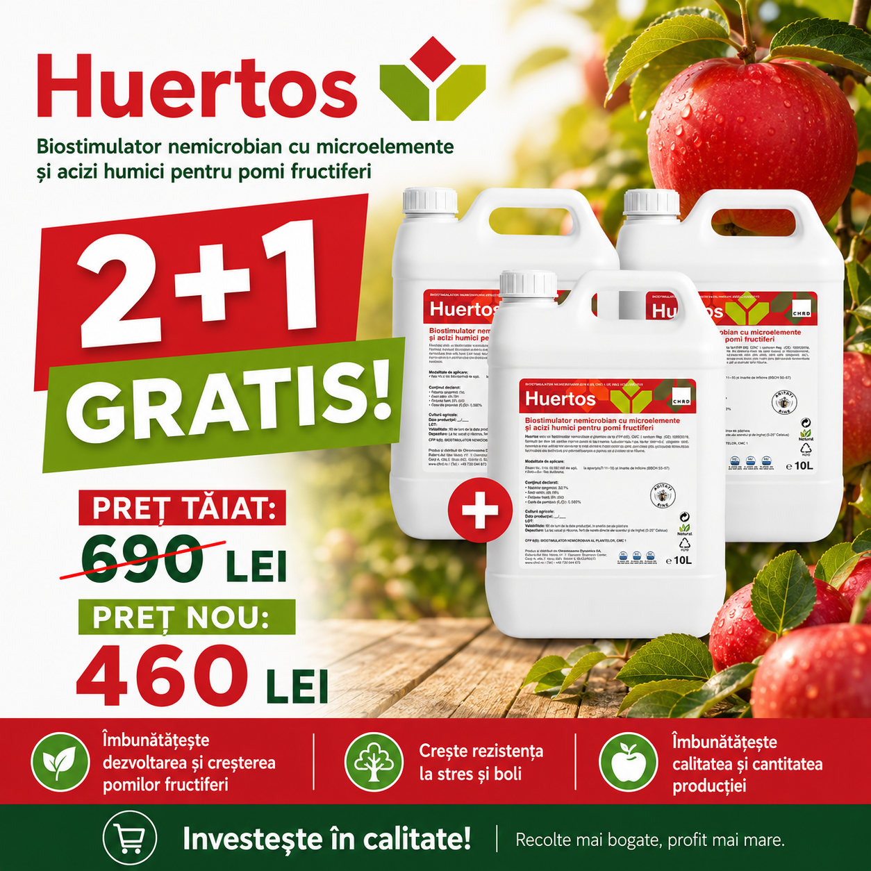 (2+1 GRATIS) HUERTOS, Biostimulator nemicrobian pentru pomi fructiferi