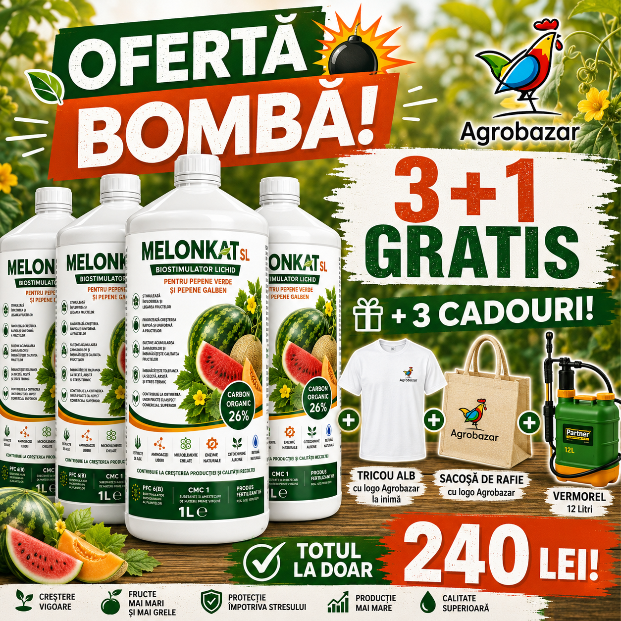 (3+1 GRATIS) MELONKAT SL, Biostimulator lichid pentru pepene verde și pepene galben