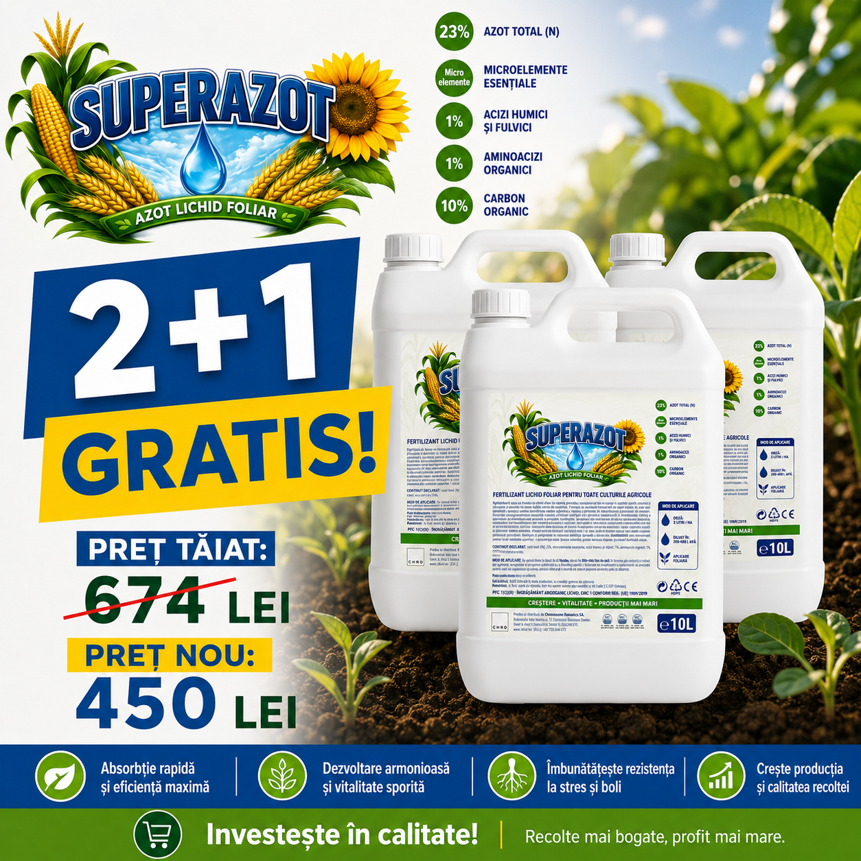(2+1 GRATIS) SUPERAZOT, Fertilizant lichid cu azot 23%, aminoacizi și carbon organic